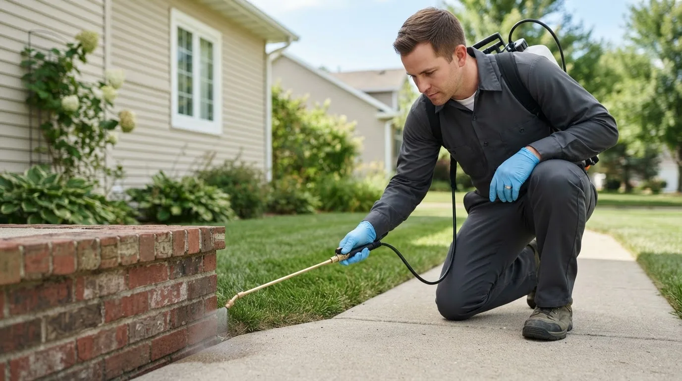 Pest control technician treating a home near Guernsey, IA