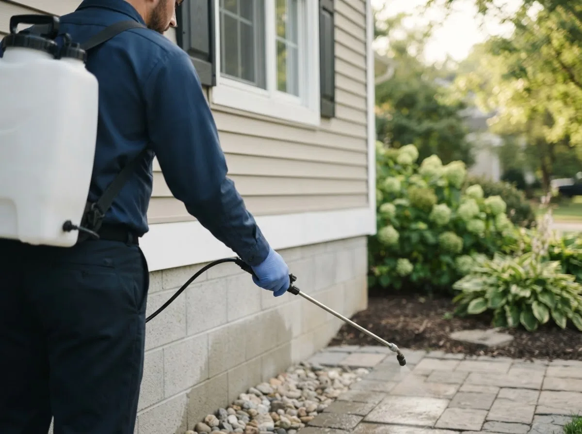 Pest control technician inspecting a home in Guernsey, IA